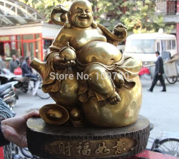 bir 002076 Chinese Folk Copper Bronze Gild Lucky Wealth Maitreya Rohan Monk Buddha Statue | Дом и сад