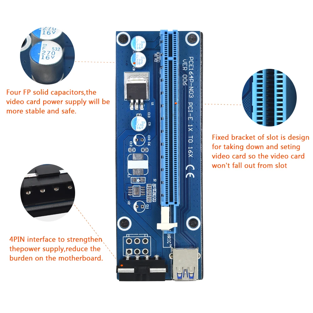 TISHRIC Ver006 Pci e расширитель PCIE Express Riser Card 1x к 16x Usb3.0 кабель Sata 4pin Molex для майнинга