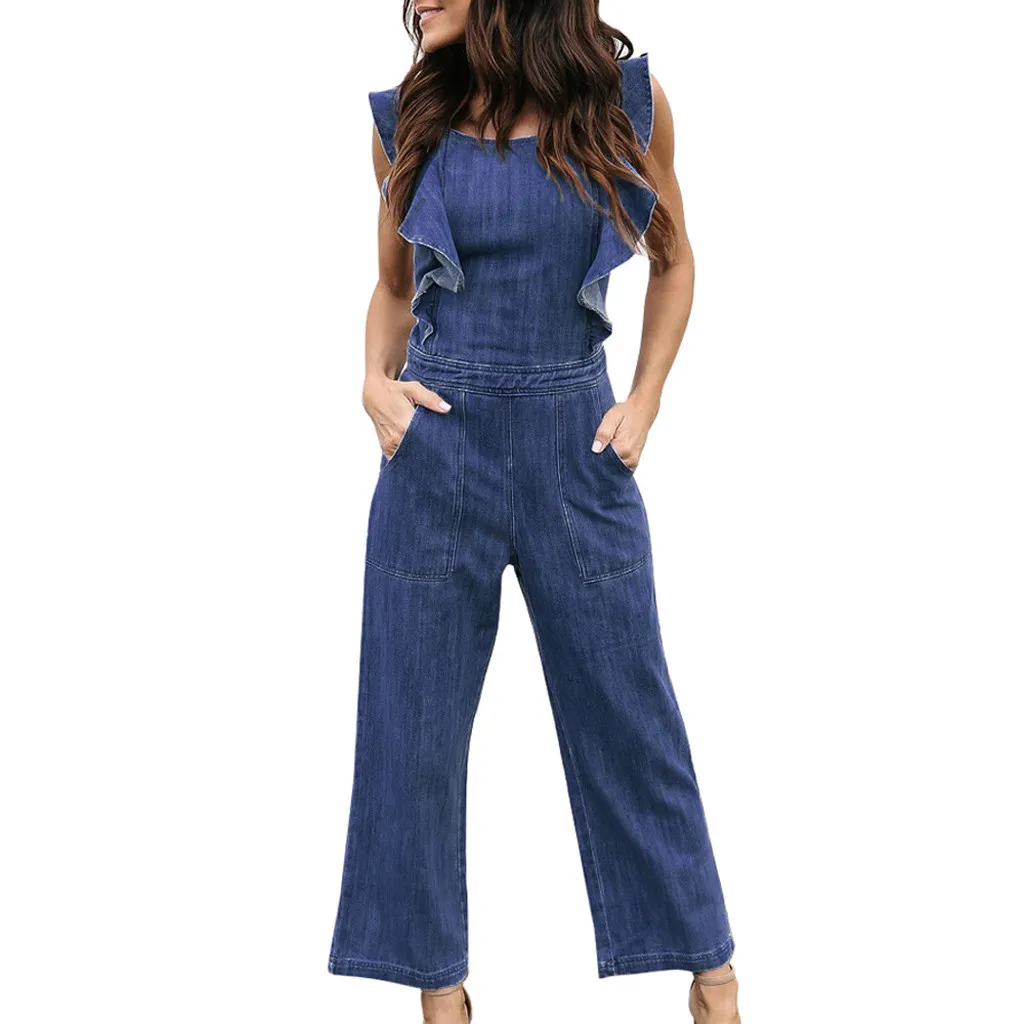 Женский Длинный джинсовый комбинезон без рукавов облегающий с открытой спиной