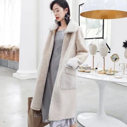 beige Manteau femme hiver женская зимняя куртка из натуральной кожи женское пальто из натурального овечьего меха Одежда из овечьей шкуры пальто с отложным воротником - Цвет: beige