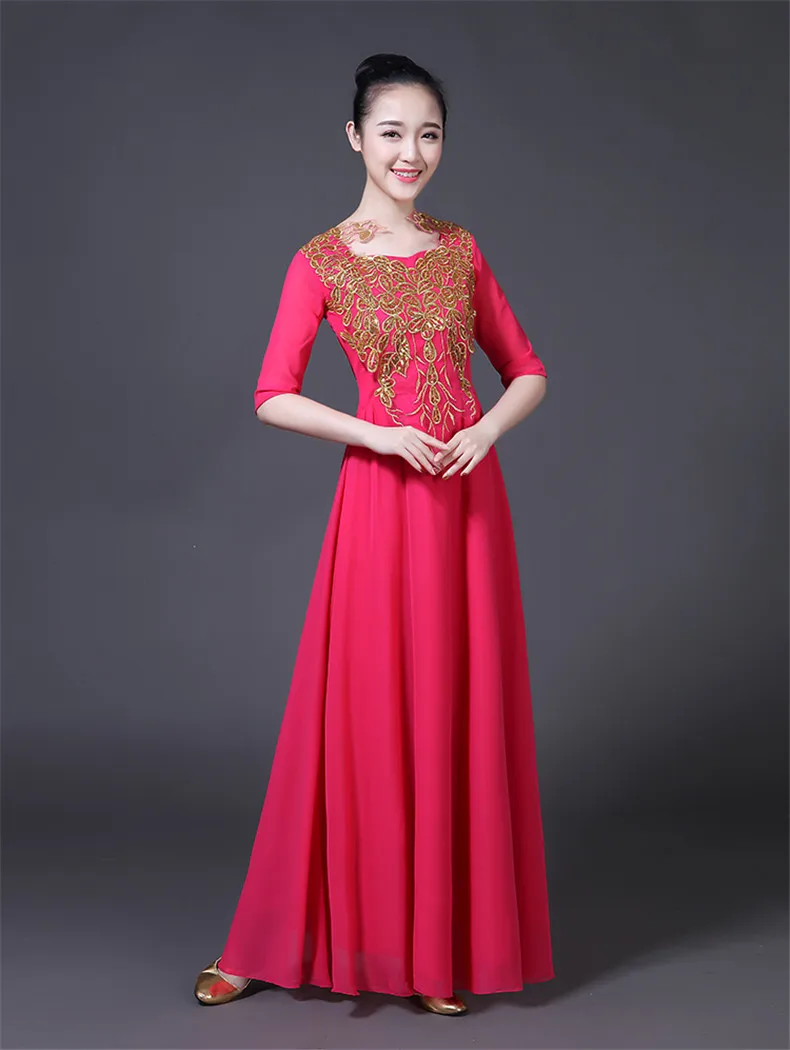 Китайский Hanfu хор представление Платье Женская юбка взрослый современный танец хост среднего возраста и пожилых выступлений платья - Цвет: Hot pink