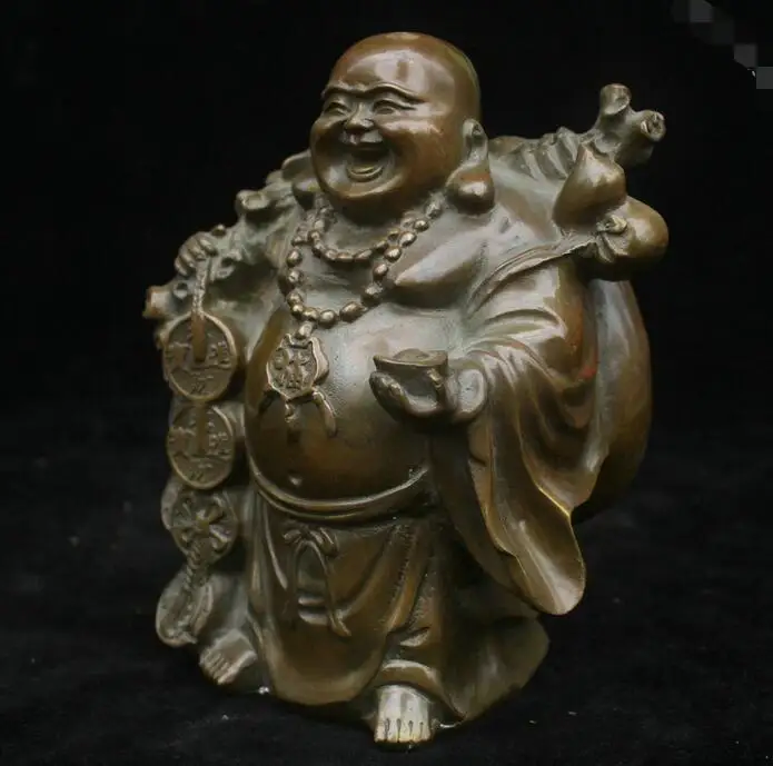 Статуя Будды 17 см китайская династия старая античная Чистая Бронзовая Yuan Bao Maitreya |