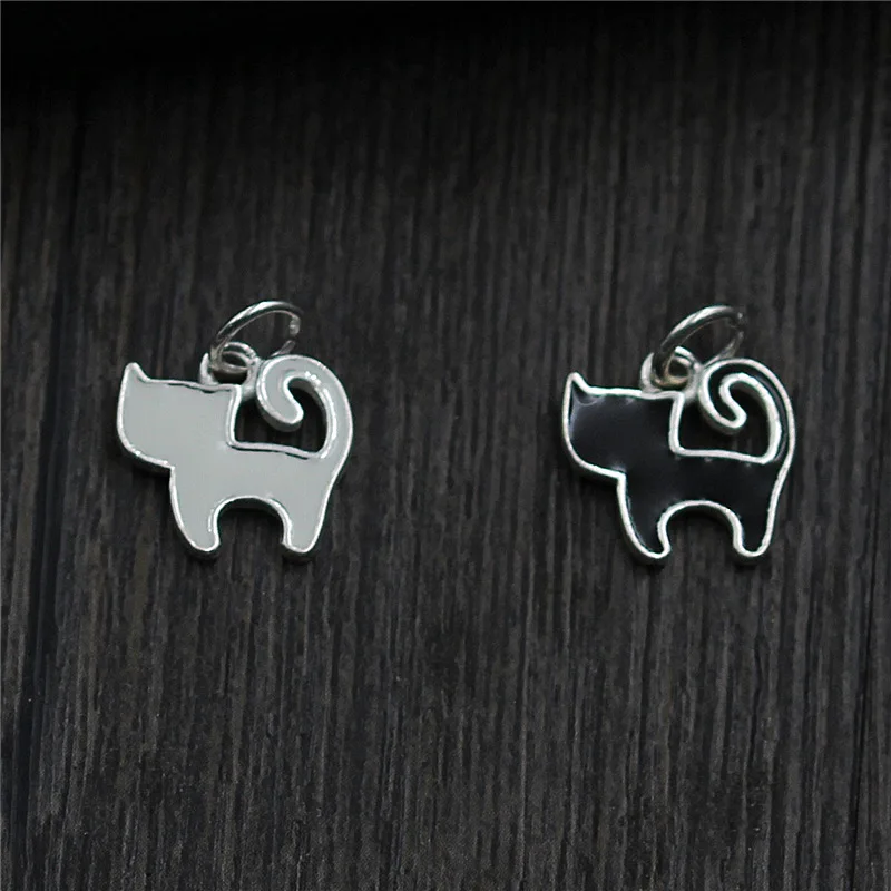 S925 sterling silver DIY handmade Epoxy kitten pendant jewelry accessories Cartoon cute black cat white bracelet | Украшения и