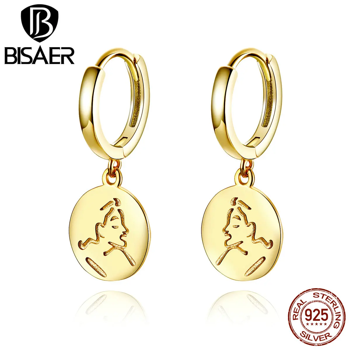 BISAER, модные серьги, серебро 925 пробы, на удачу, золотой цвет, монета, Винтажные серьги-гвоздики для женщин, Стерлинговое Серебро, ювелирное изделие ECE606
