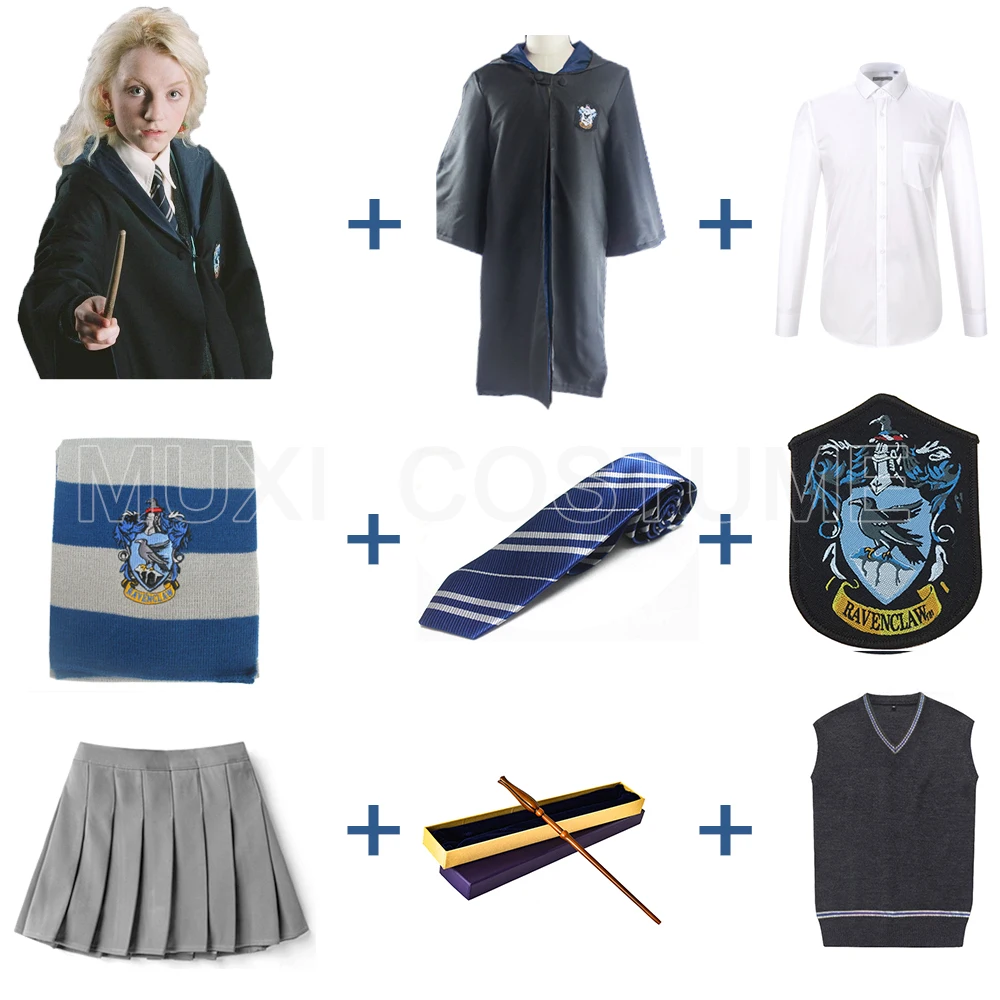 Luna Lovegood Косплей халат Плащ пуловер свитер рубашка юбка галстук значок шарф палочка Харрис костюм