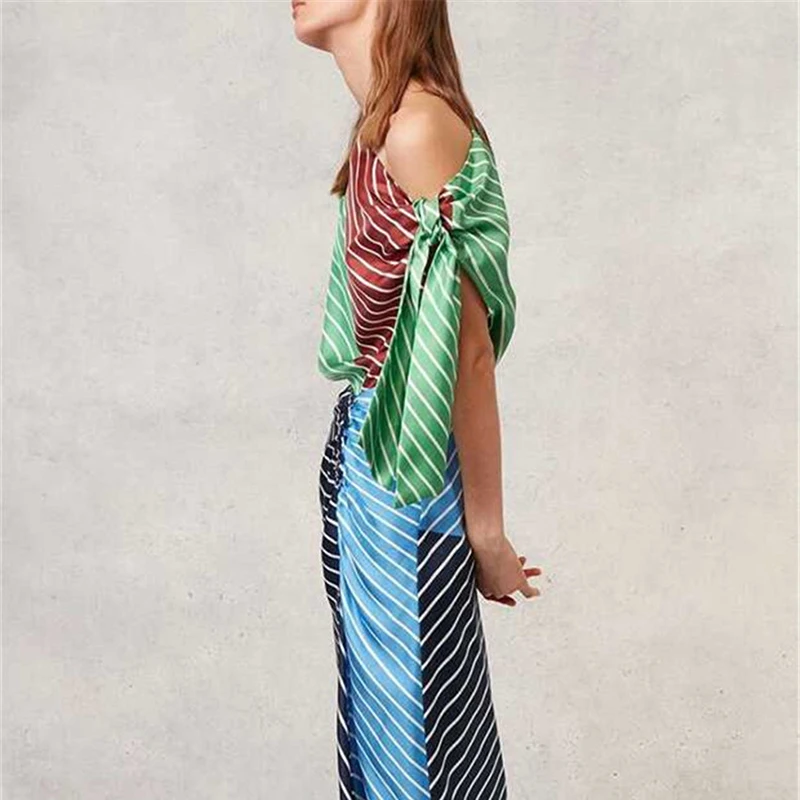 

OXANT Striped Sexy Shirt Female Off Shoulder Patchwork Lace Up Bow Sleeveless Blouse Tops For Women 2019 Summer Fashion