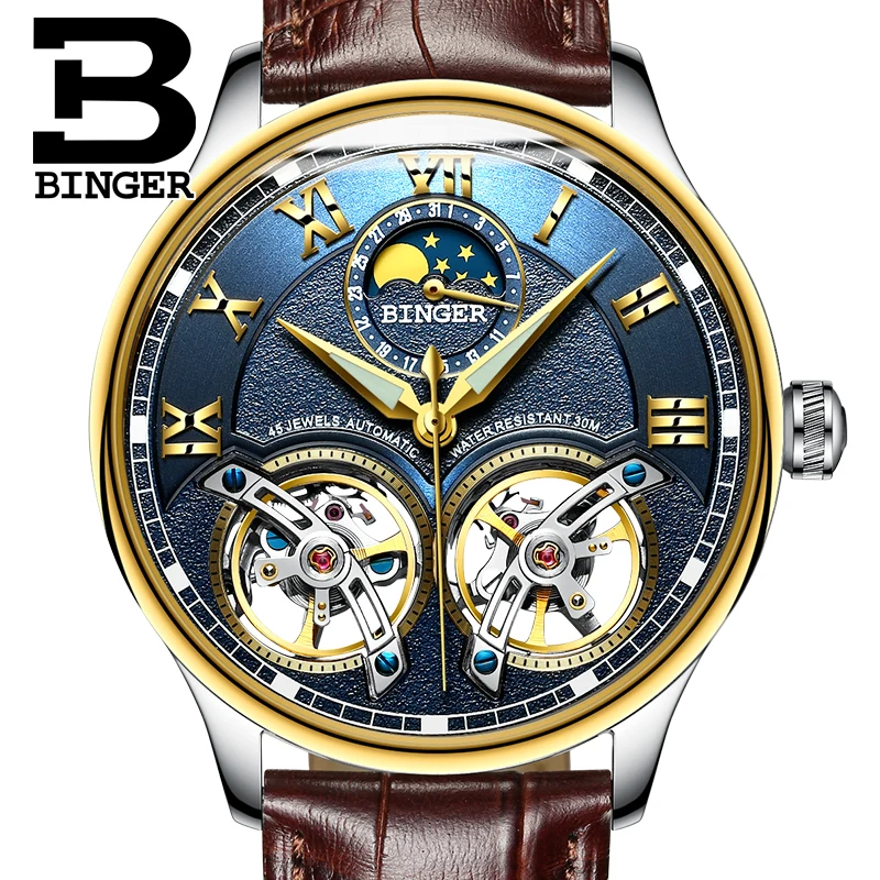 Мужские часы BINGER Double tourbillon модные автоматические механические