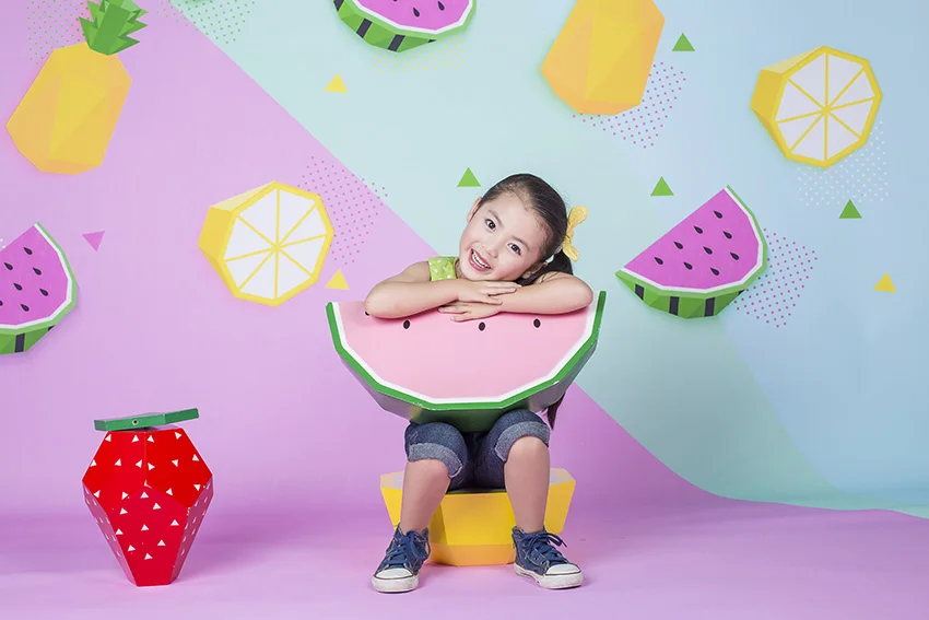 Виниловый фон на заказ для фотосъемки с изображением фруктов из мультфильма