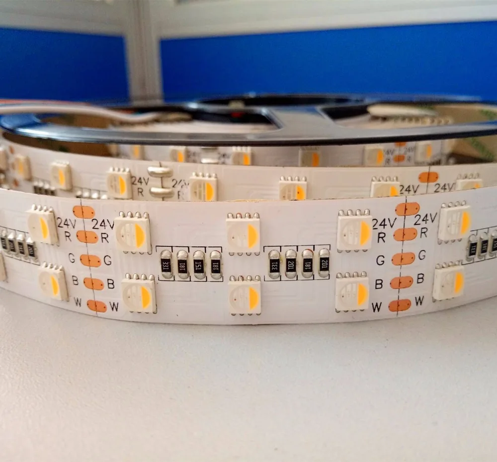 

Double row 120leds/m 5050 SMD 4-in-1 RGBW(warm white) LED Strip;DC24V input 5m long;non-waterproof;IP33;WHITE PCB