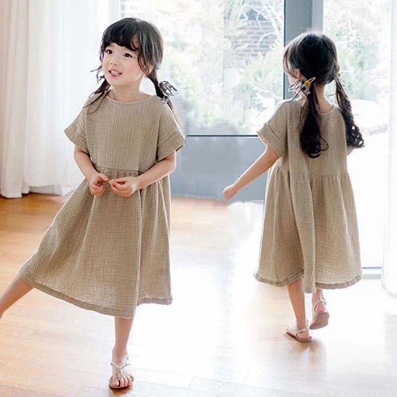 Girls dresses 2019 summer teenage princess clothing cotton linen short sleeve casual teens dress kids clothes 4 6 8 10 12 14 Y | Детская