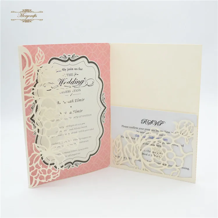 

Nice Luxury Tri fold Wedding Card Design Laser Cut floral Wedding Invitation Card pocket