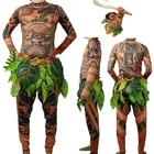 Комплект из 3 предметов для косплея мужчин и женщин, футболка с тату Моана Мауи + штаны, костюм для косплея на Хэллоуин, Хэллоуин, листья