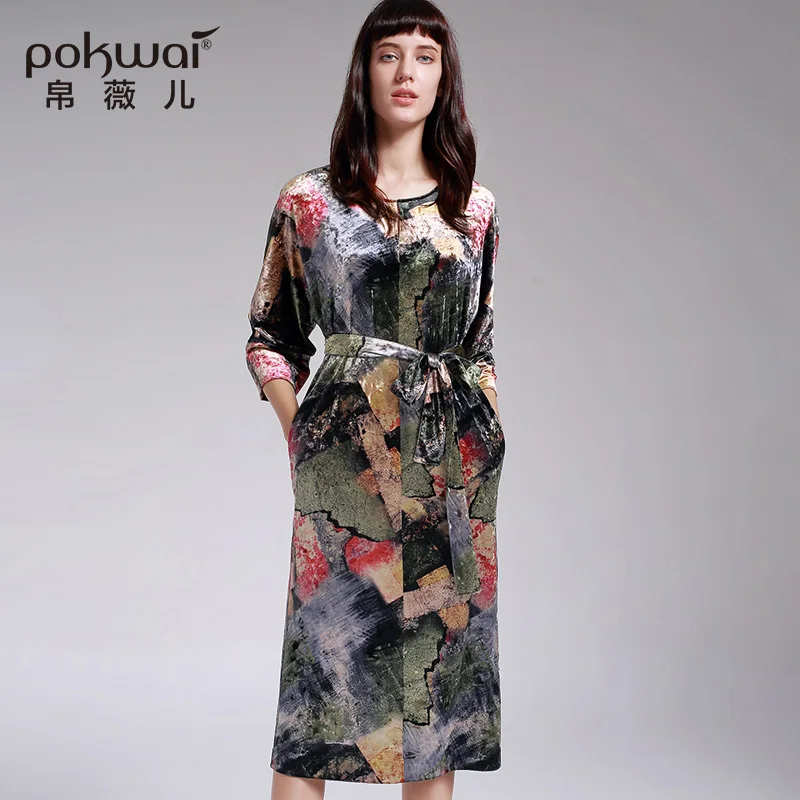Новый Винтажный осенний Пижамный стиль POKWAI бархатное платье миди женские прямые