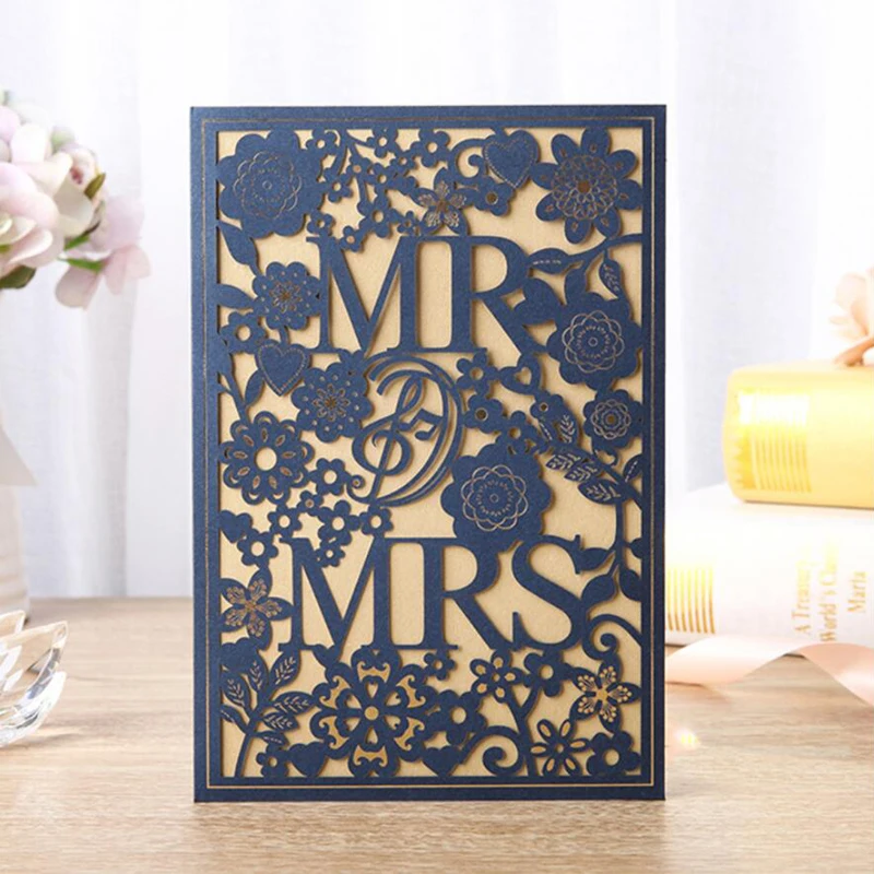 10 pieces/lot) Laser Cut MR&MRS Wedding Invitations With Gold Foil Flowers White Red Engagement Invitation Cards CX029