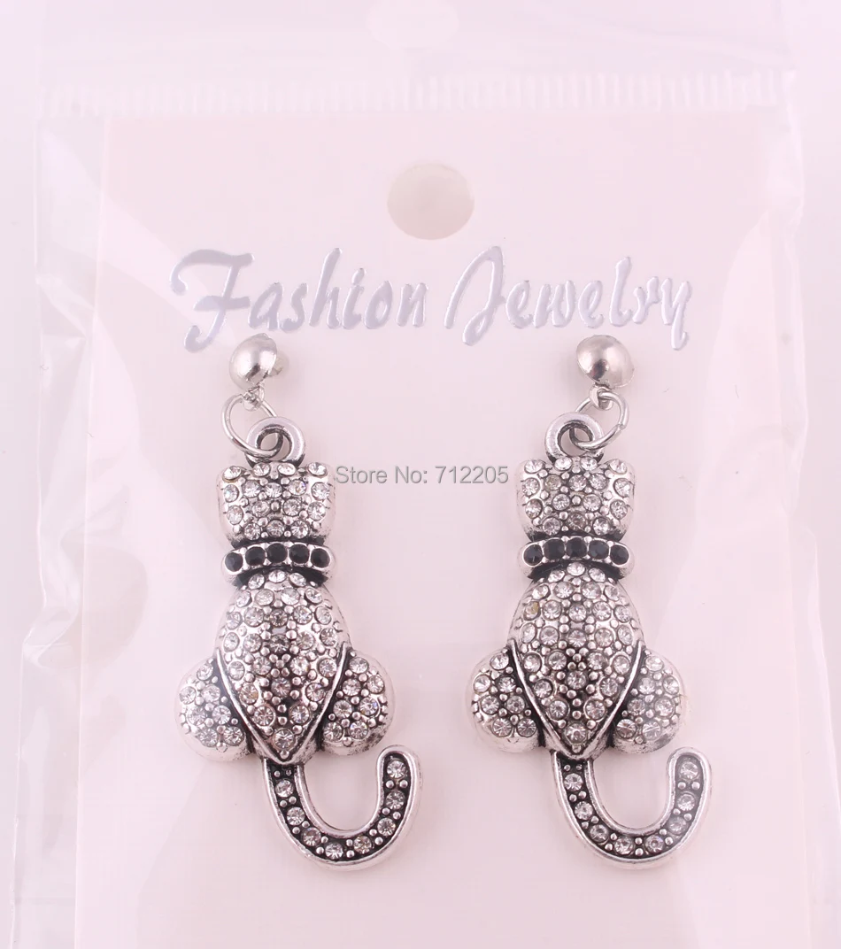 17mm*33mm Antique silver plated zinc studded with sparkling crystals Love Cat pendant Drop Earrings | Украшения и аксессуары