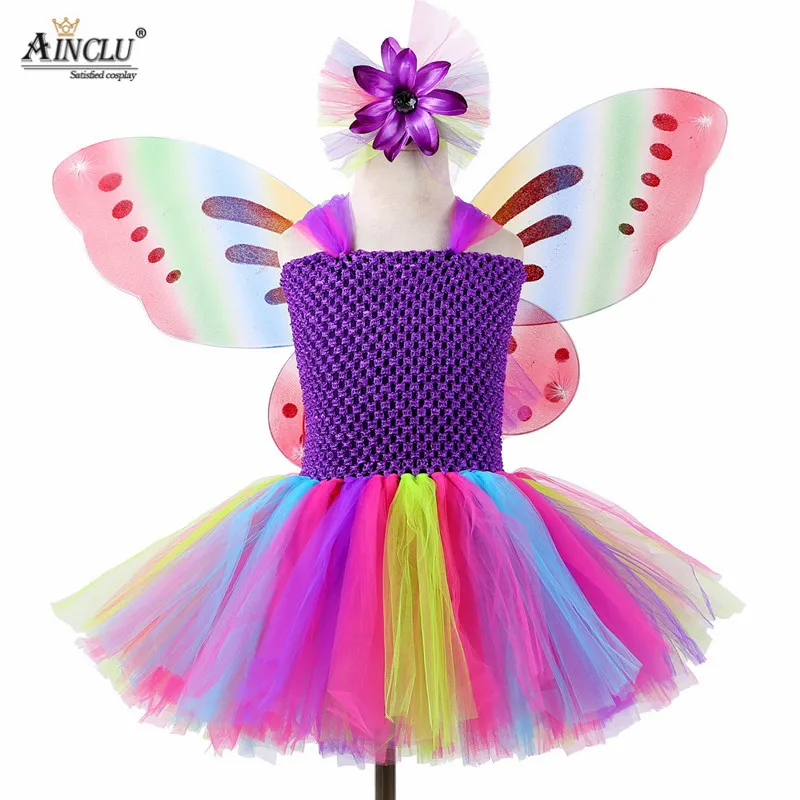 

4PCS Girls Rainbow Fairy Tutu Dress with Wings Hair Princess Kids Girl Dress Halloween Butterfly Cosplay Girls Fancy Costumes