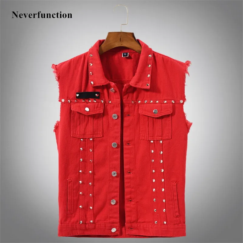 

2023 Men Fashion red Punk Rock Rivet Cowboy Denim Vests Male Casual Sleeveless Motorcycle Style Jeans Jackets Plus Size