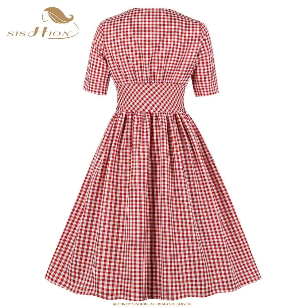 SISHION женская одежда размера плюс платье VD1148 4XL красные Ретро клетчатые платья с коротким рукавом винтажные женские осенние платья