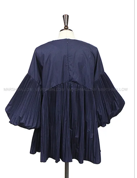 2017 new autumn collection three quarter puff sleeve crimp bouffancy shirt top blouse o-neck solid blue loose wide fit |