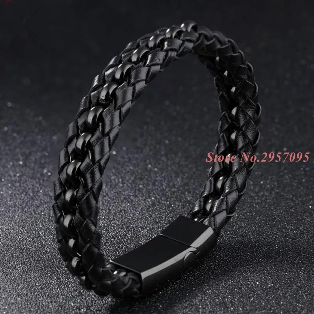 Genuine Leather Braided Mens Bracelets Bangles Highly Polished Black Stainless Steel Magnetic Best Friend Gift | Украшения и