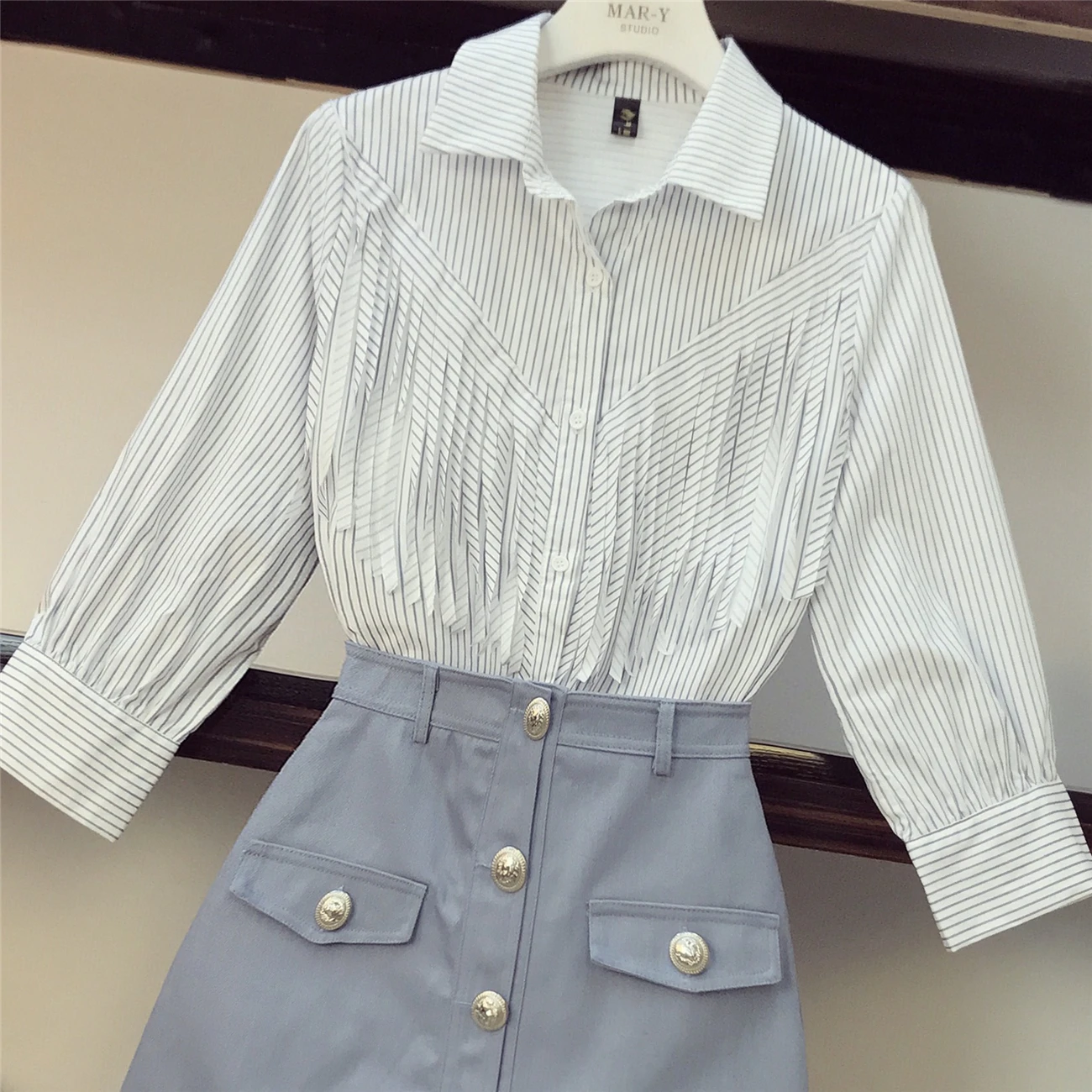 ALPHALMODA/Новое модное платье рубашка с бахромой + джинсовая юбка комплект из 2