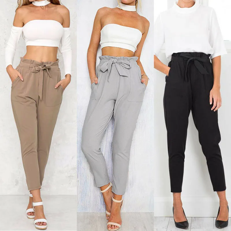 

Women Ol Formal High Waist Trouser Ladies Summer Casual Drawstring Sashes Elastic Long Pants Frauen Slim Stretch Pencil Trousers