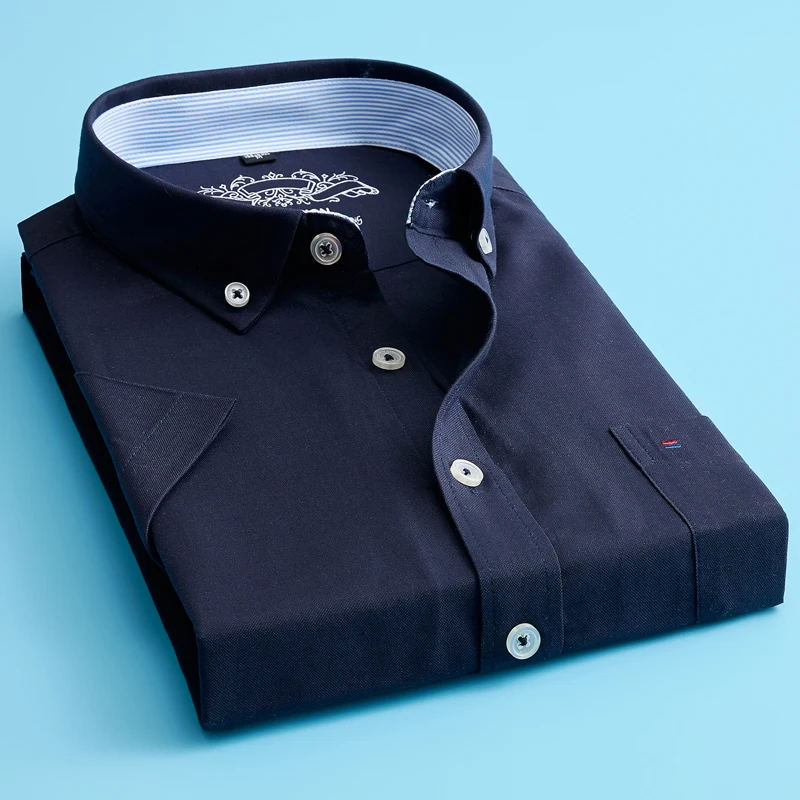 

Mens Short Sleeve Solid Oxford Dress Shirt with Left Chest Pocket High-quality Male Casual Regular-fit Tops Button Down Shirts