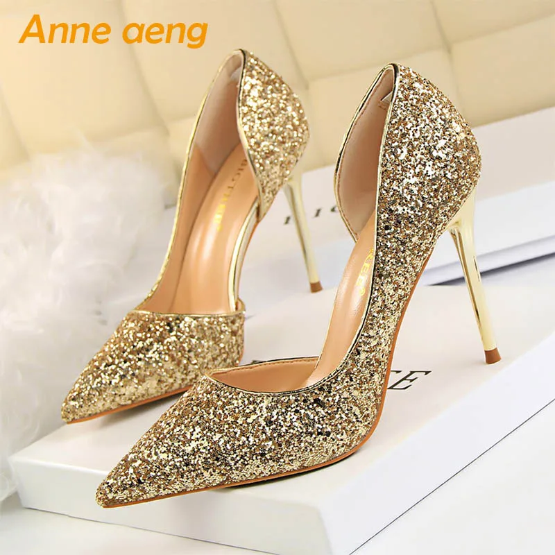 

2019 New Spring/Autummn Women Pumps High Thin Heel Pointed Toe Sexy Ladies Bling Bridal Wedding Women Shoes Gold High Heels