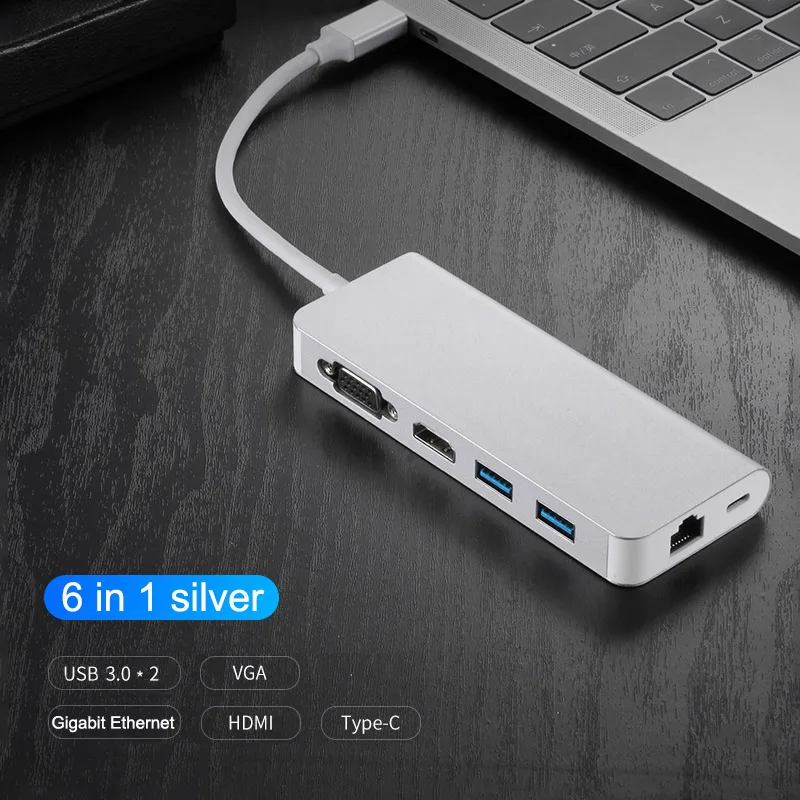 6 in 1 Silver 2 8 в 1 type C концентратор USB-C-HDMI RJ45 Gigabit 3,5 мм аудио SD TF кардридер USB3.0 PD зарядный USB-C Кабель-адаптер для ноутбука Mac - Цвет: 6 in 1 Silver 2
