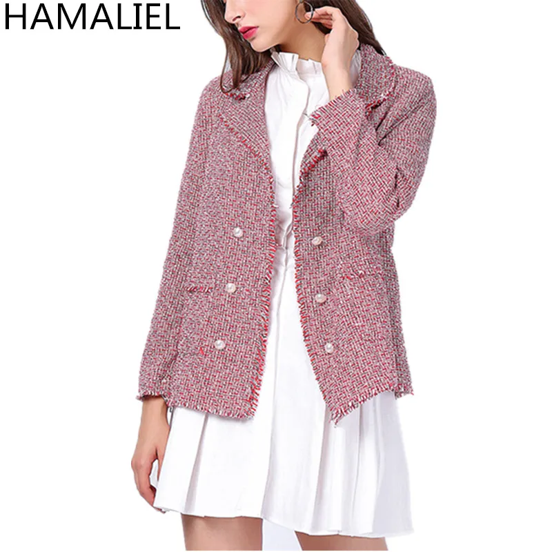 Женская твидовая куртка HAMALIEL красная двубортная Повседневная с отложным