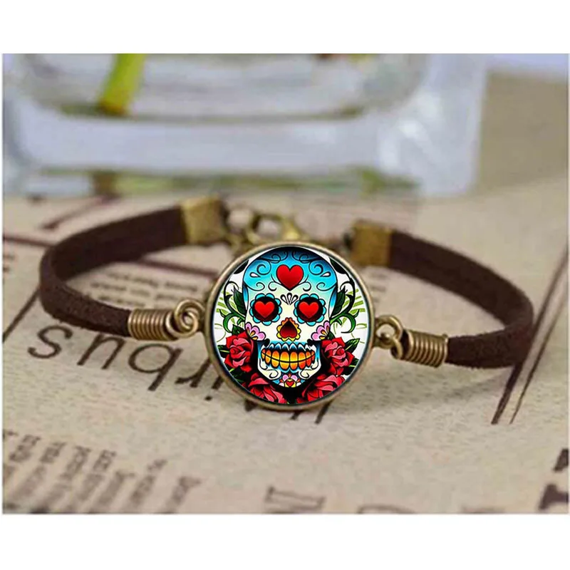 

Dia de los muertos Glass bracelet. Day of the Dead bracelet. Sugar Skull jewelry, birthday gift sliver plated,christmas gift