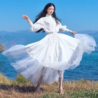 free shiping 2022 fashion women cotton long maxi long lantern sleeve dresses spring and autumn boshow white bandage dress m l