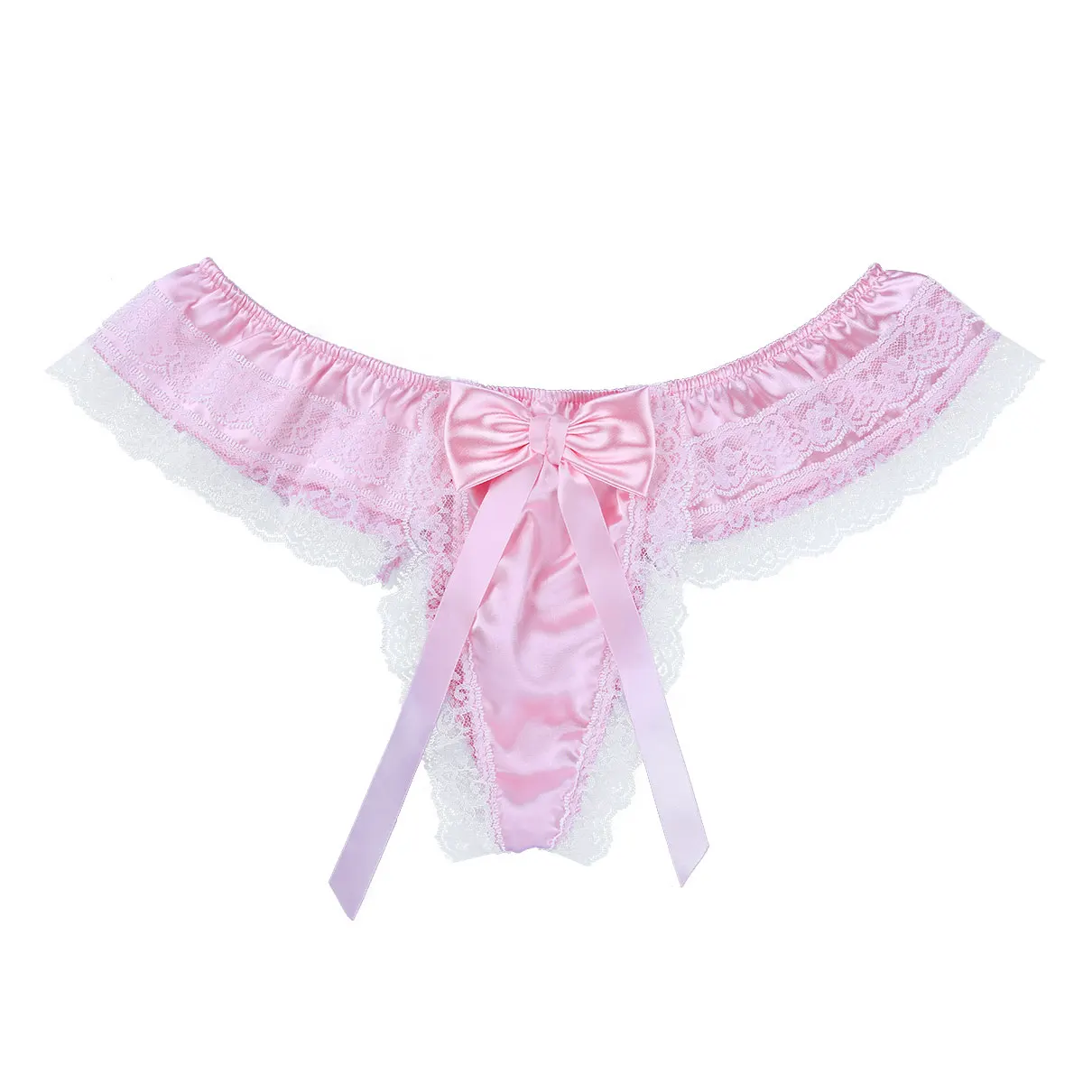 Mens Sissy Underwear Shiny Satin Lingerie Double Layers Floral Lace Panties Back with Big Bowknot Low Rise Thong | Тематическая