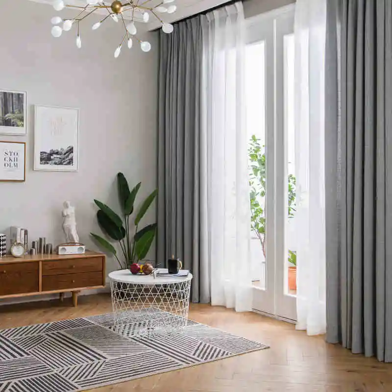 

Modern Minimalist Style Imitation Linen Fabric Grey Curtain for Living Room with White Tulle Customize Size