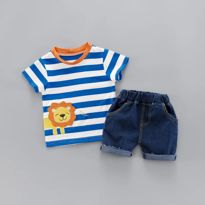 Kids Baby Boy Fashion Strip Summer Clothing Set Animal Printed T Shirt + Jeans Suit Children Boys Outfit 1 2 3 4 Years |