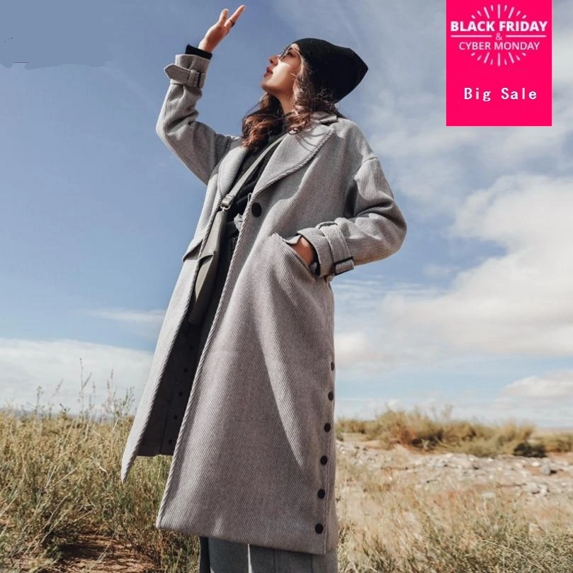 Осенне-зимнее новое модное брендовое плотное шерстяное пальто женское полосатое