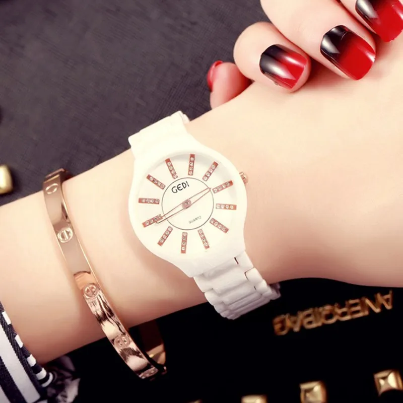 GEDI керамические часы женские роскошные брендовые Rhinestone Платье кварцевые модные