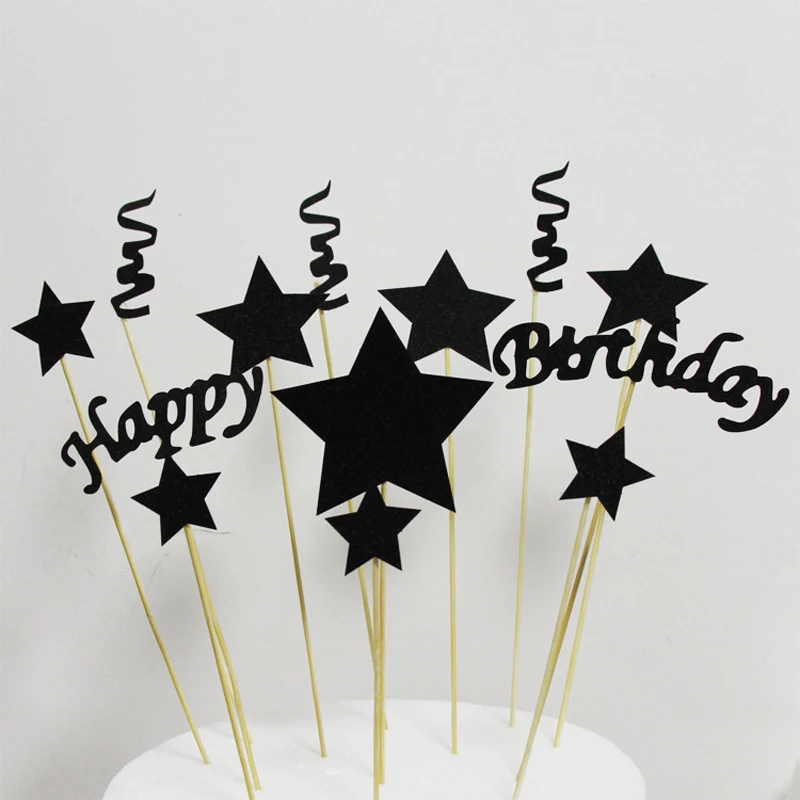 1set DIY Black Gold Happy Birthday Star Cake Ice-cream Cupcake Toppers Picks Mom Dad Boy Girl Kids Party Dessert Decor | Дом и сад