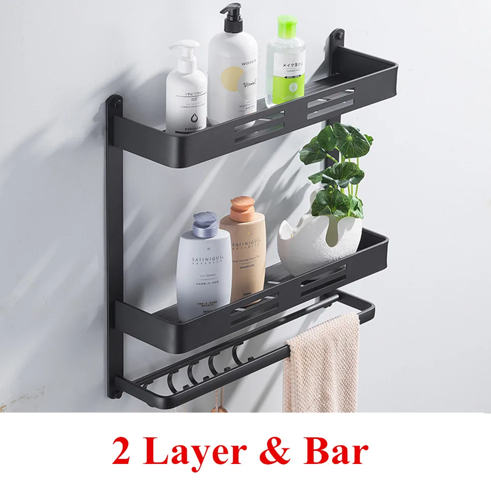 2 Layer and Bar Настенное крепление черная алюминиевая полка для ванной комнаты Душ Caddy вешалка для ванной с баром и крюком для полотенец полочки для шампуня хранение кухни - Цвет: 2 Layer and Bar