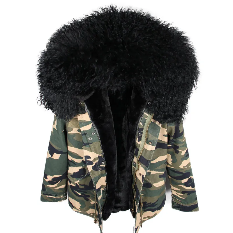 camo black Зимняя женская куртка, парка из натурального меха, натуральная монгольская овечья шерсть, пальто с капюшоном, верхняя одежда, Толстая теплая уличная одежда, модный бренд, новинка - Цвет: camo black