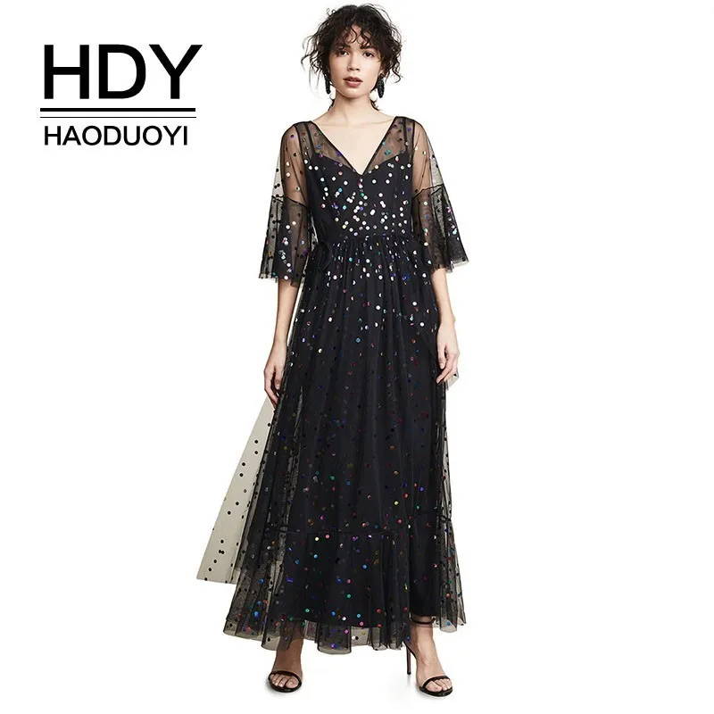 HDY Haoduoyi Femme, летнее, стильное, элегантное, простое, для девушек, сексуальное, в горошек, с блестками, v-образный вырез, расклешенное, три четверти, рукав, длина до пола, платье