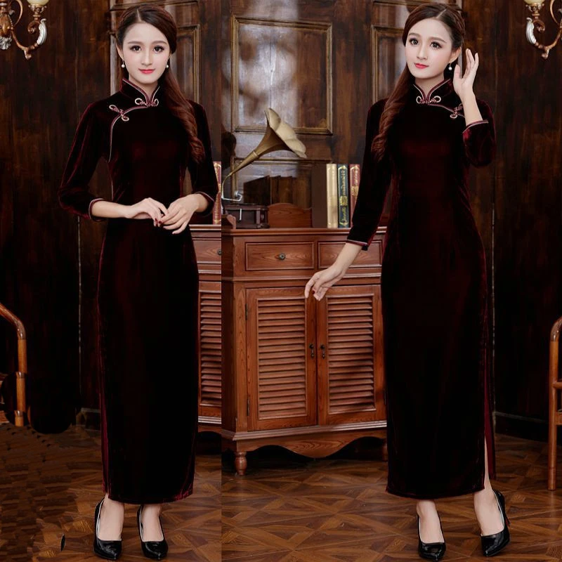 Азиатский невесты свадебное Cheongsam осень-зима дамы Китайский Стиль бархатный Ципао длинные платья Элегантный Вечеринка платье XXXL
