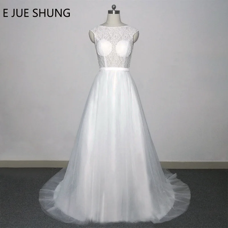 E JUE SHUNG White Lace Backless Wedding Dresses 2018 Cap Sleeves Sheer Beach Gowns robe de mariee vestidos novia | Свадьбы и