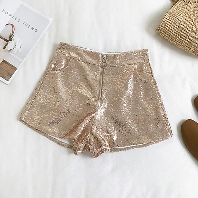 Champagne gold Летние женские шорты с высокой талией модные сексуальные шорты с блестками на молнии женские уличные Свободные повседневные широкие шорты - Цвет: Champagne gold