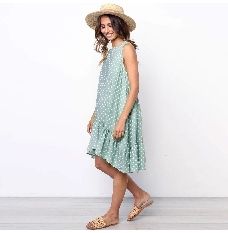 Vestidos, сексуальное ДРАПИРОВАННОЕ женское платье, новинка, летнее, без рукавов, повседневное, ТРАПЕЦИЕВИДНОЕ, свободное, в горошек, с принтом, Пляжное, короткое, мини, сарафан