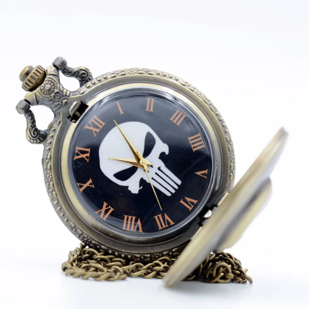 Vintage Retro The Punisher Skull Dial Roman Numeral Quartz Pocket Watch Analog Pendant Necklace Men Women Watches Chain Gift | Наручные
