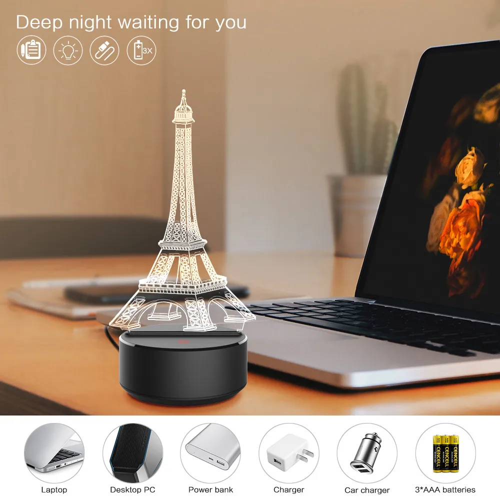 High Quality Eiffel Tower 3D Colorful Night Light Bedroom Table Desk Lamp 7 Colors 3D Optical Illusion Lights Drop Shipping