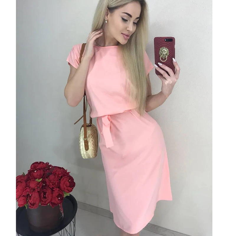 Women Vintage Sashes A-line Party Dress Short Sleeve O neck Solid Elegant Knee Length 2019 Summer New Fashion | Женская одежда
