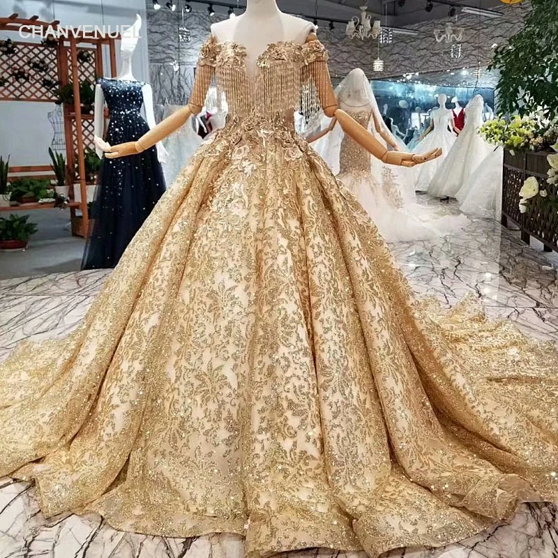 LS65885 Роскошные Дубай вечернее платье с открытыми плечами Милая Золотой кружево