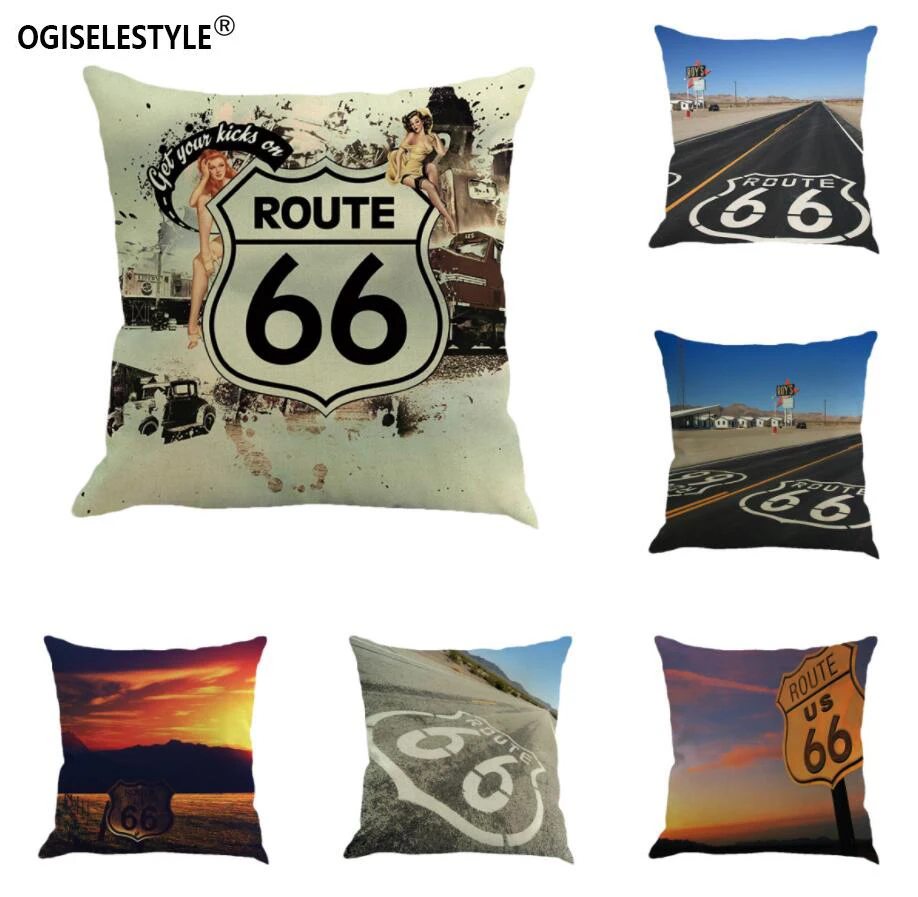Ogiselstyle US ROUTE 66 пейзаж наволочка домашний Декор автомобиля диван наволочка для дивана хлопково-льняной домашний декор для спальни подарок 18X18"
